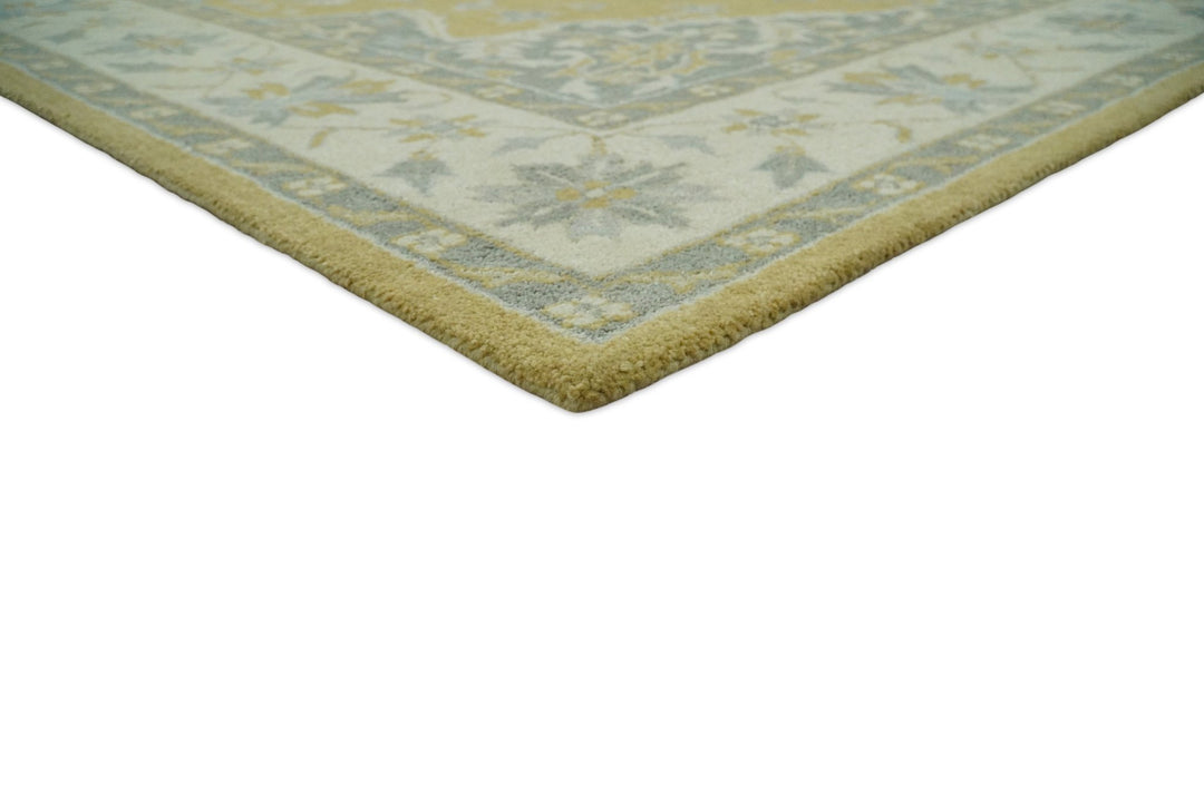 Handmade 8x10 Traditional Vintage Design Mustard and Silver Wool Area Rug | TRDCP127810 - The Rug Decor