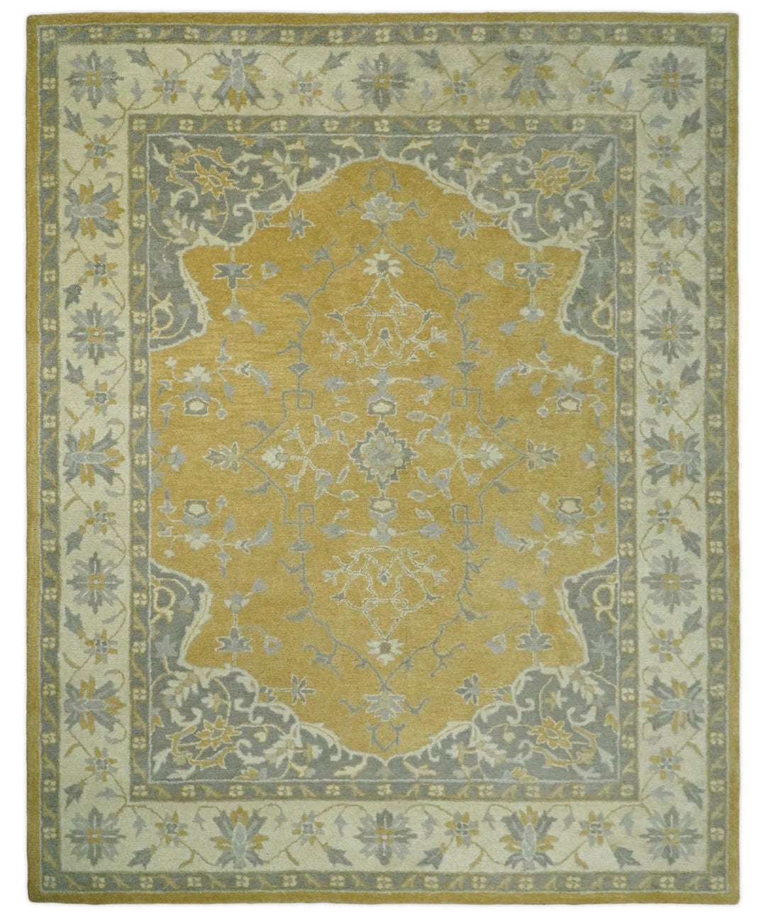Handmade 8x10 Traditional Vintage Design Mustard and Silver Wool Area Rug | TRDCP127810 - The Rug Decor