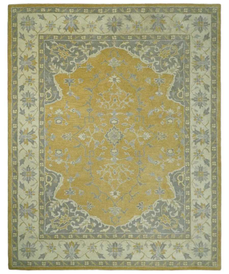 Handmade 8x10 Traditional Vintage Design Mustard and Silver Wool Area Rug | TRDCP127810 - The Rug Decor