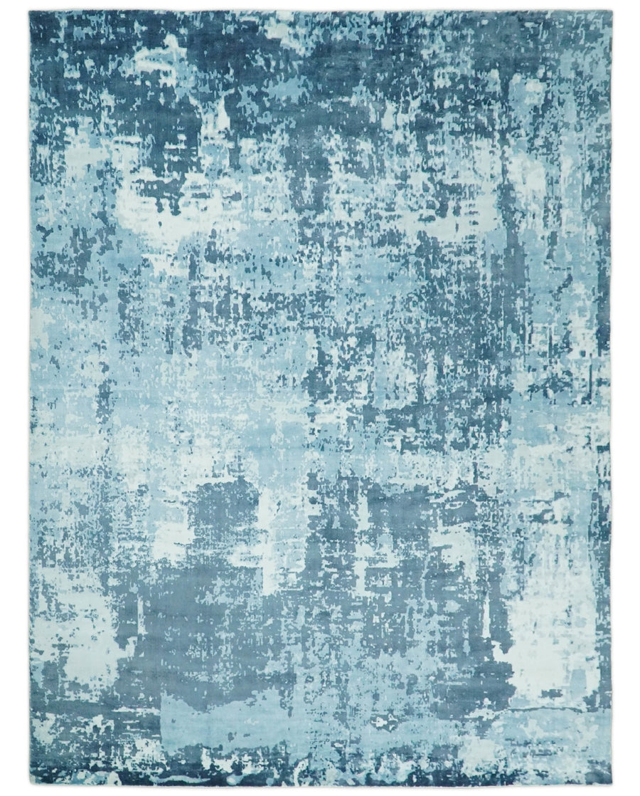 Handmade 9x12 and 10x14 White and Blue Blended Wool and Bamboo Silk Area Rug | QT14 - The Rug Decor