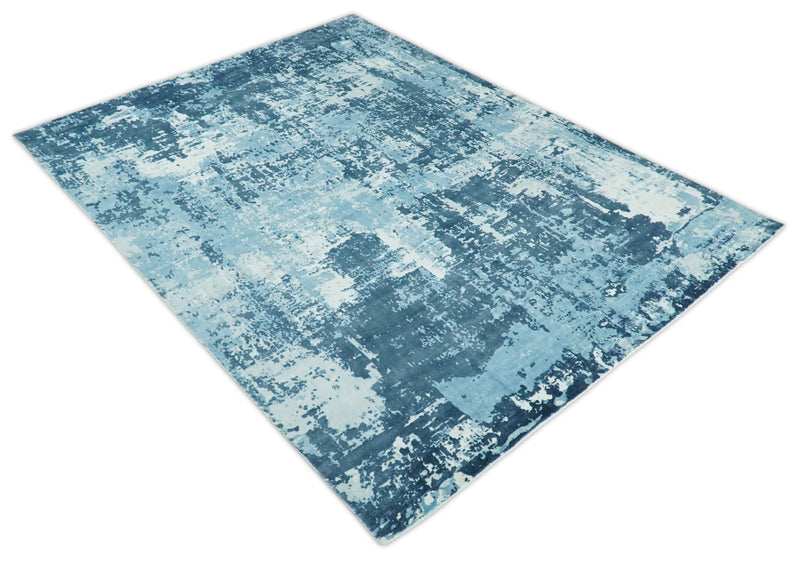 Handmade 9x12 and 10x14 White and Blue Blended Wool and Bamboo Silk Area Rug | QT14 - The Rug Decor