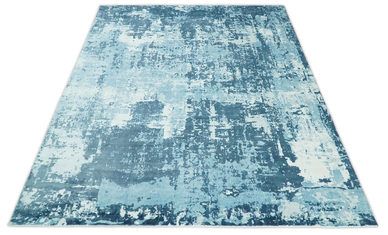 Handmade 9x12 and 10x14 White and Blue Blended Wool and Bamboo Silk Area Rug | QT14 - The Rug Decor