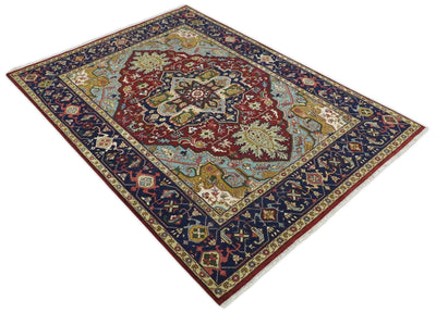 Handmade 9x12 Red and Blue Traditional Heriz Serapi Rug, Vintage Antique style Rug | TRDCP417912 - The Rug Decor