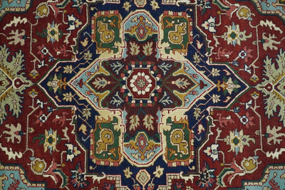 Handmade 9x12 Red and Blue Traditional Heriz Serapi Rug, Vintage Antique style Rug | TRDCP417912 - The Rug Decor