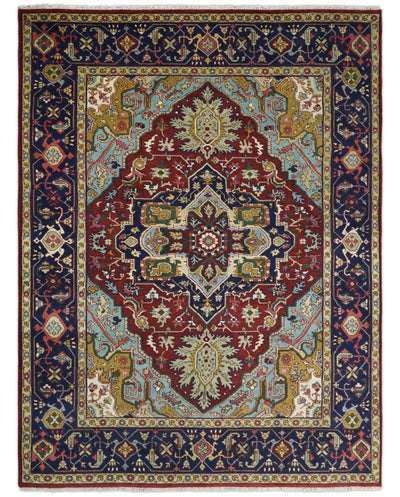 Handmade 9x12 Red and Blue Traditional Heriz Serapi Rug, Vintage Antique style Rug | TRDCP417912 - The Rug Decor