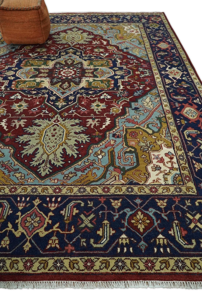 Handmade 9x12 Red and Blue Traditional Heriz Serapi Rug, Vintage Antique style Rug | TRDCP417912 - The Rug Decor
