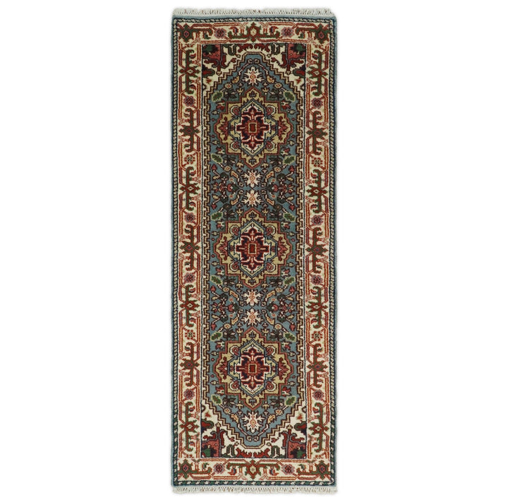 Handmade Blue and Ivory Heriz Serapi 8 Feet Runner made with wool | TRDCP41298 - The Rug Decor