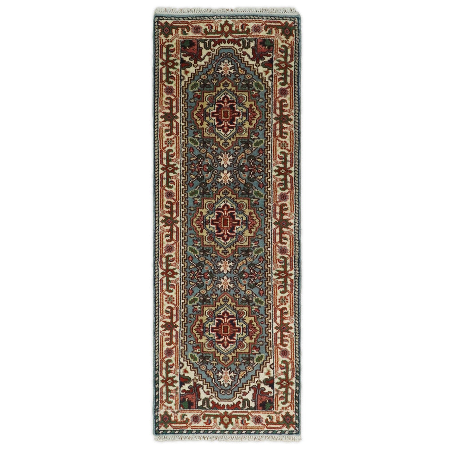 Handmade Blue and Ivory Heriz Serapi 8 Feet Runner made with wool | TRDCP41298 - The Rug Decor