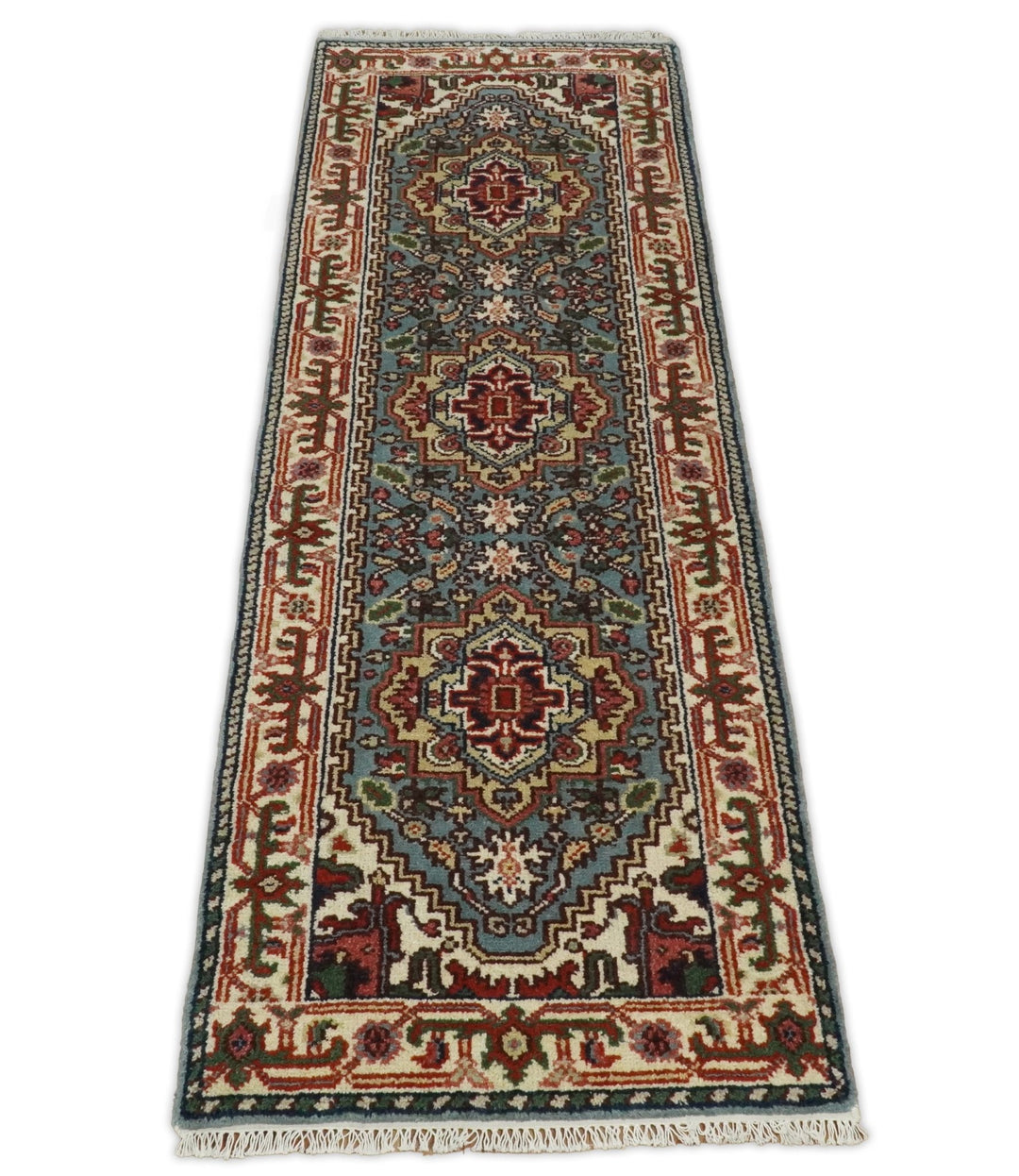 Handmade Blue and Ivory Heriz Serapi 8 Feet Runner made with wool | TRDCP41298 - The Rug Decor