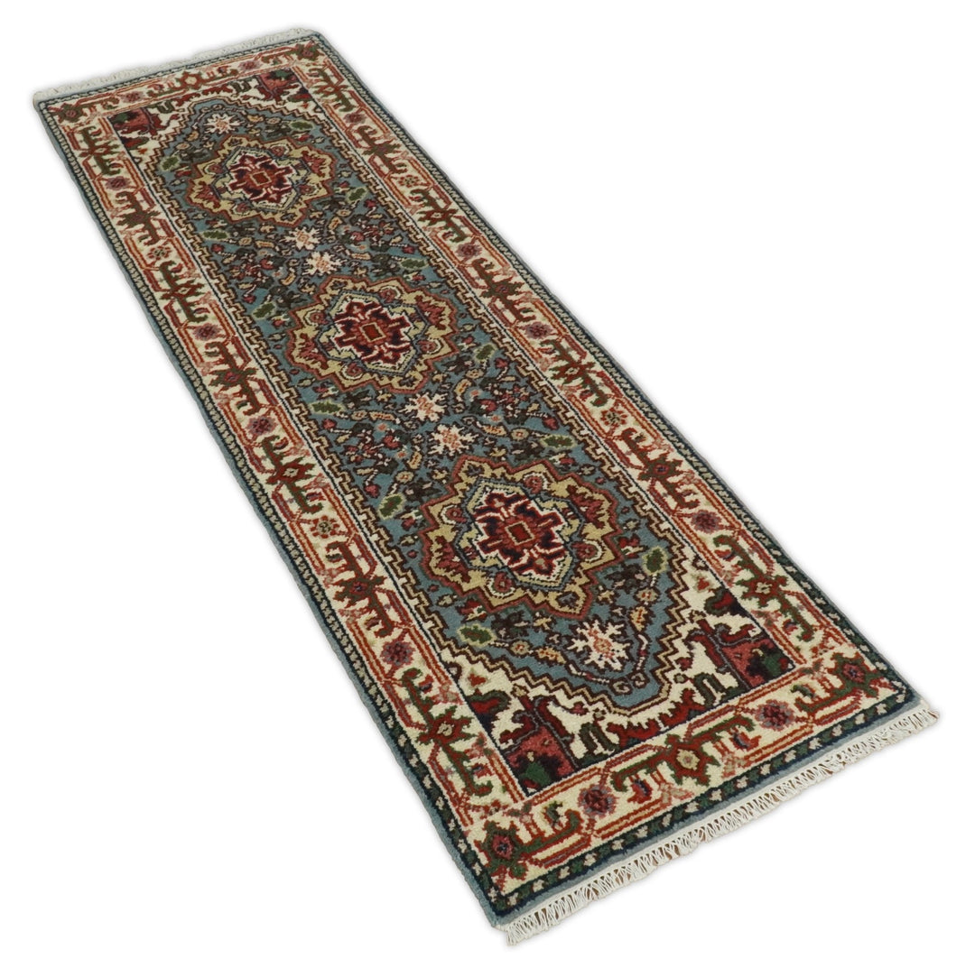 Handmade Blue and Ivory Heriz Serapi 8 Feet Runner made with wool | TRDCP41298 - The Rug Decor