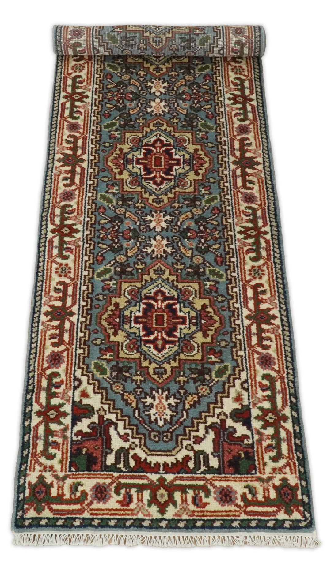 Handmade Blue and Ivory Heriz Serapi 8 Feet Runner made with wool | TRDCP41298 - The Rug Decor