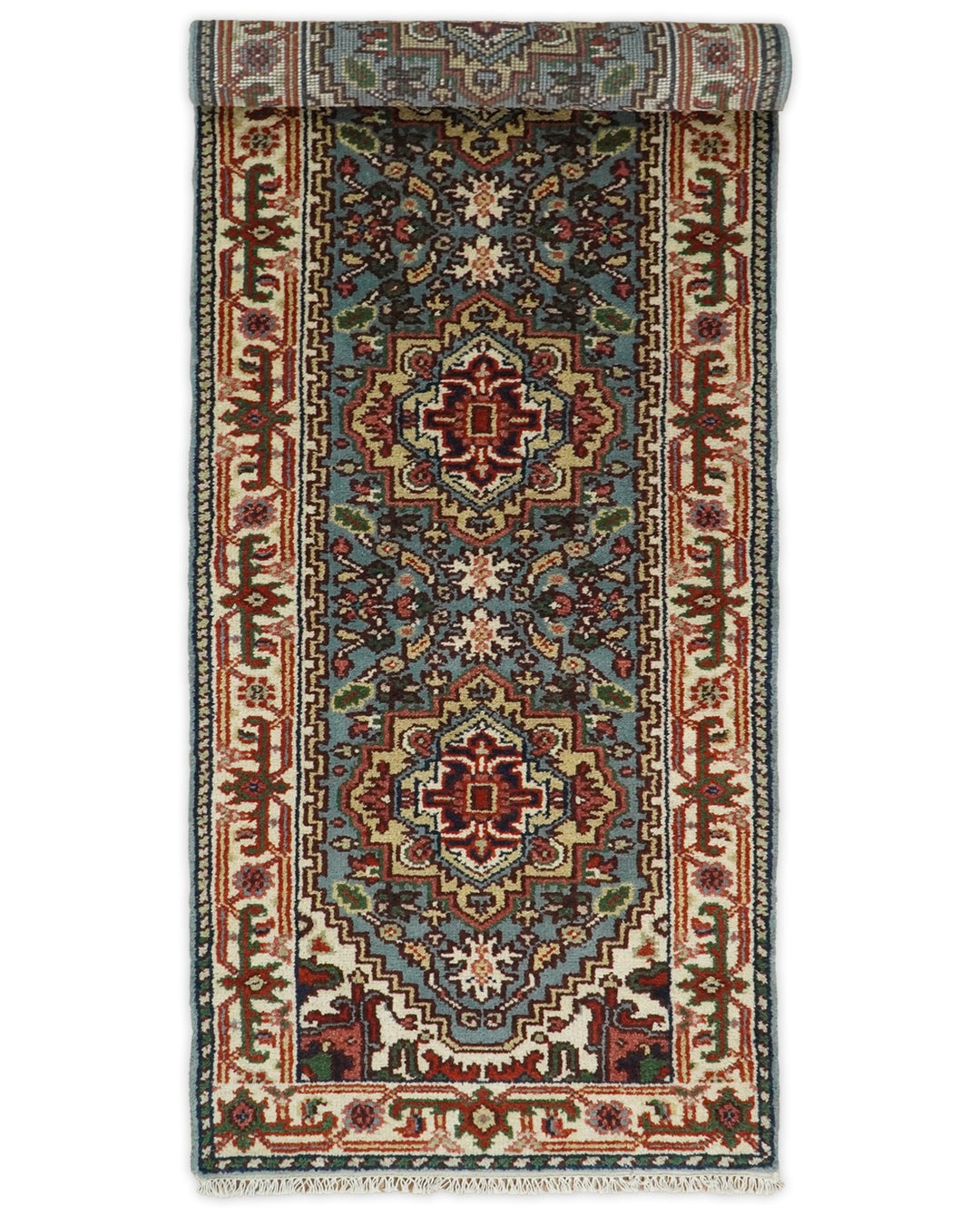 Handmade Blue and Ivory Heriz Serapi 8 Feet Runner made with wool | TRDCP41298 - The Rug Decor
