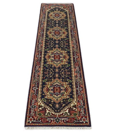 Handmade Blue and Red Heriz Serapi 10 Feet Runner made with wool | TRDCP432710 - The Rug Decor