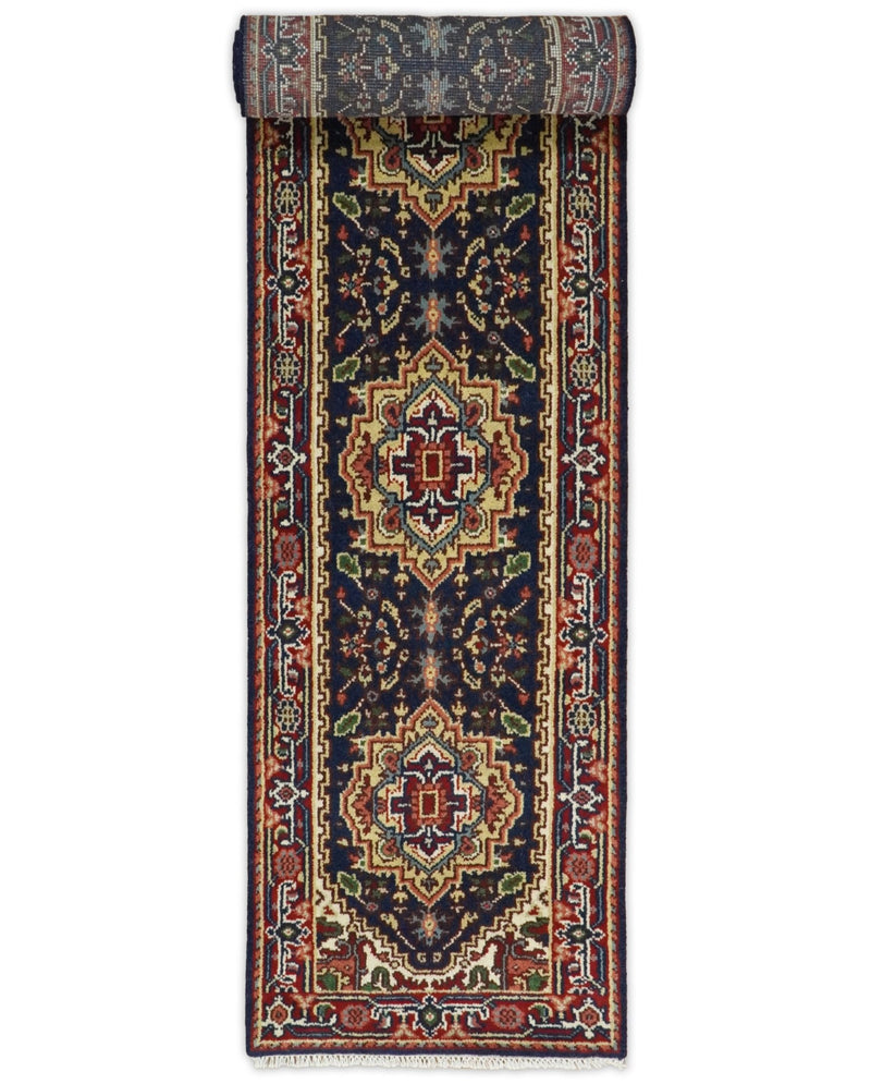 Handmade Blue and Red Heriz Serapi 10 Feet Runner made with wool | TRDCP432710 - The Rug Decor