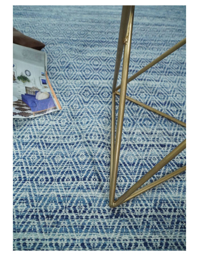 Handmade Boho 5x8 and 8x10 Ivory and Blue Wool Blend Dhurrie Rug | VIK3 - The Rug Decor
