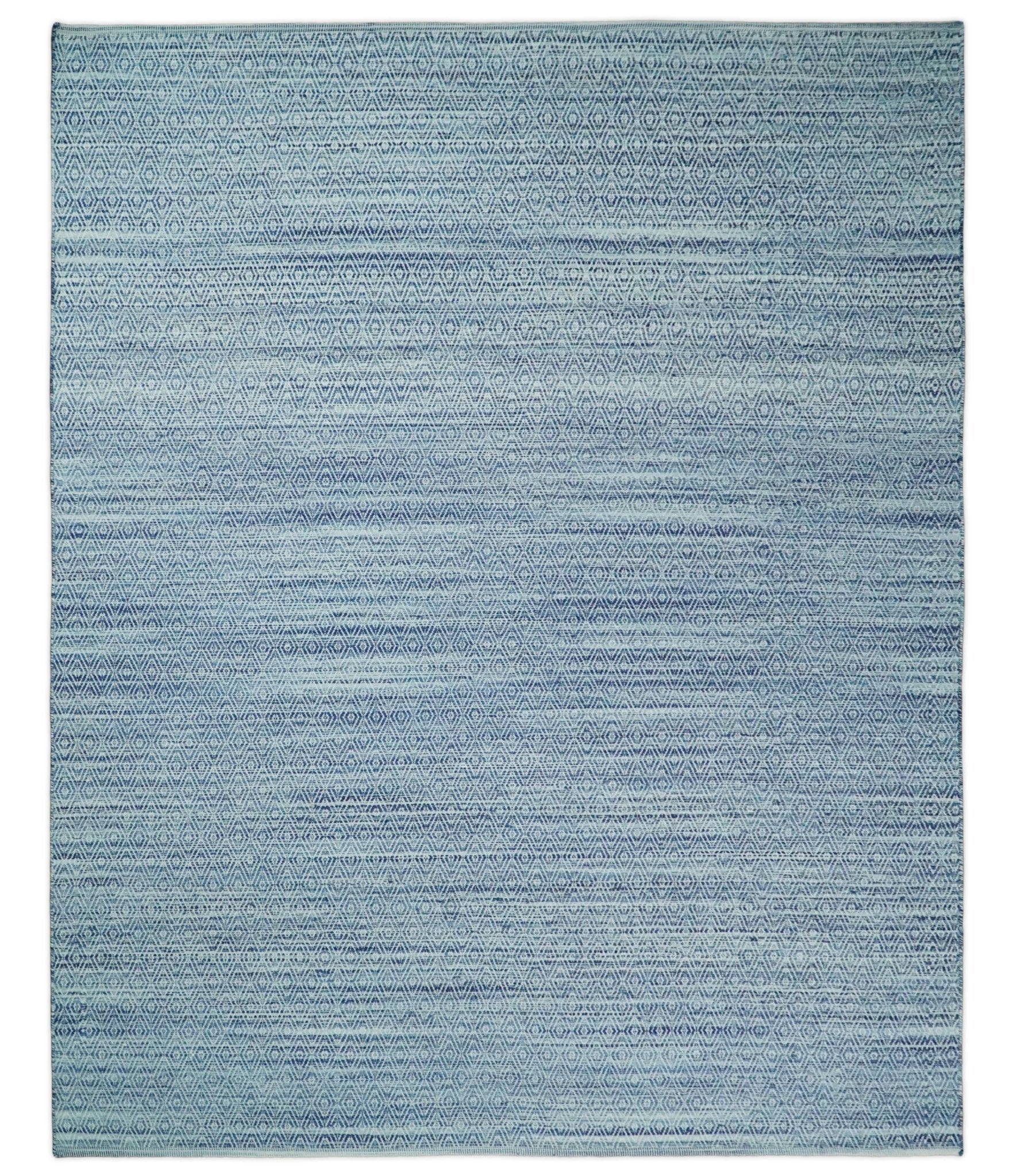 Handmade Boho 5x8 and 8x10 Ivory and Blue Wool Blend Dhurrie Rug VIK