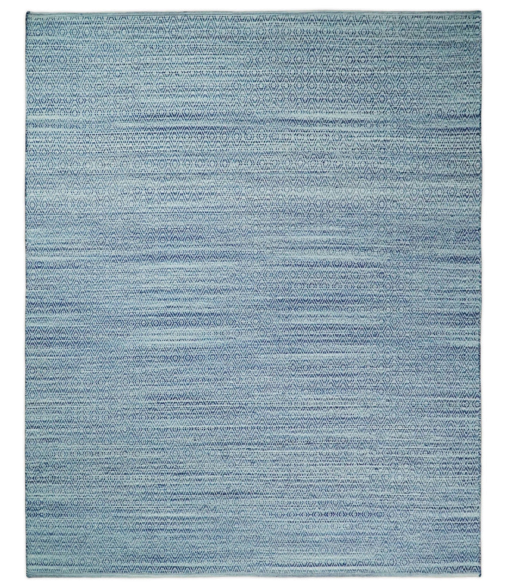 Handmade Boho 5x8 and 8x10 Ivory and Blue Wool Blend Dhurrie Rug | VIK3 - The Rug Decor