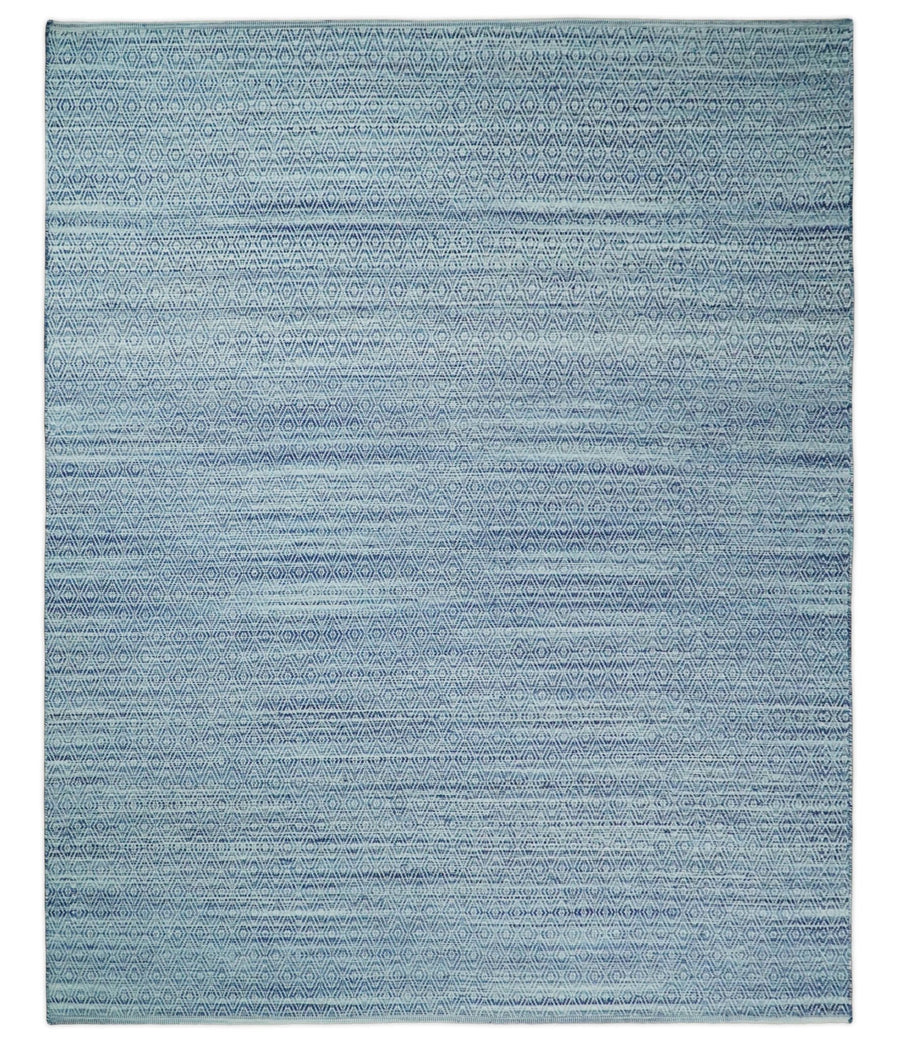 Handmade Boho 5x8 and 8x10 Ivory and Blue Wool Blend Dhurrie Rug | VIK3 - The Rug Decor