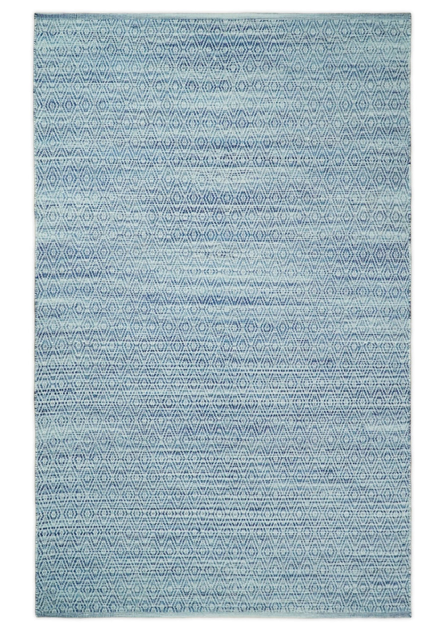 Handmade Boho 5x8 and 8x10 Ivory and Blue Wool Blend Dhurrie Rug | VIK3 - The Rug Decor