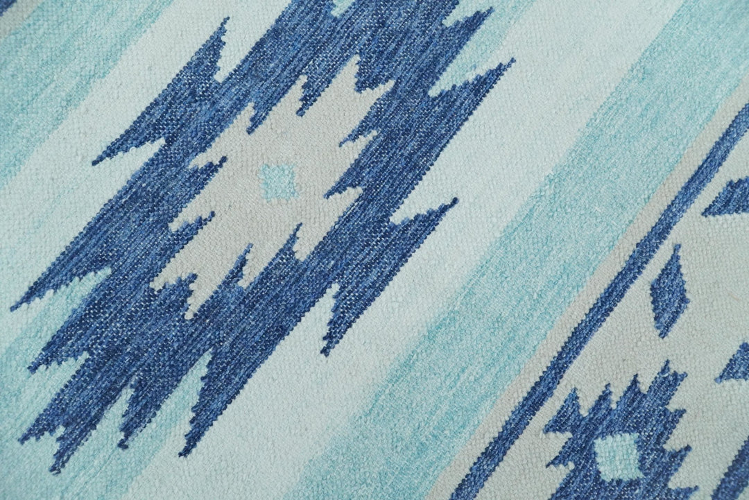 Handmade Boho 5x8 and 8x10 White and Blue Wool Blend Dhurrie Rug | VIK1 - The Rug Decor