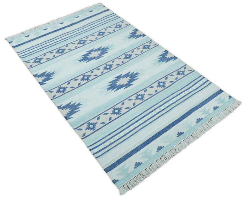 Handmade Boho 5x8 and 8x10 White and Blue Wool Blend Dhurrie Rug | VIK1 - The Rug Decor