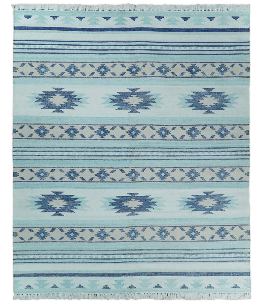 Handmade Boho 5x8 and 8x10 White and Blue Wool Blend Dhurrie Rug | VIK1 - The Rug Decor