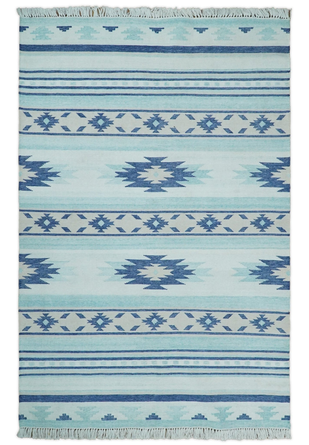 Handmade Boho 5x8 and 8x10 White and Blue Wool Blend Dhurrie Rug | VIK1 - The Rug Decor