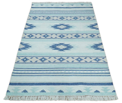 Handmade Boho 5x8 and 8x10 White and Blue Wool Blend Dhurrie Rug | VIK1 - The Rug Decor