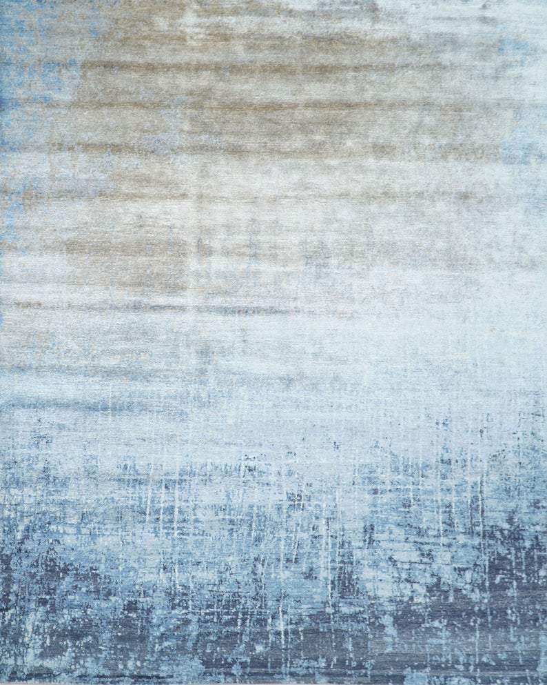 Handmade Modern Abstract Blue and Silver bamboo Silk 8x10 Area Rug I SK35810 - The Rug Decor