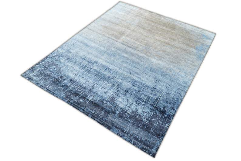 Handmade Modern Abstract Blue and Silver bamboo Silk 8x10 Area Rug I SK35810 - The Rug Decor