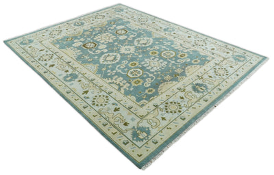 Handmade Persian Oushak 9x12 Blue and Ivory Hand Knotted Large Wool Area Rug | TRDCP263912 - The Rug Decor