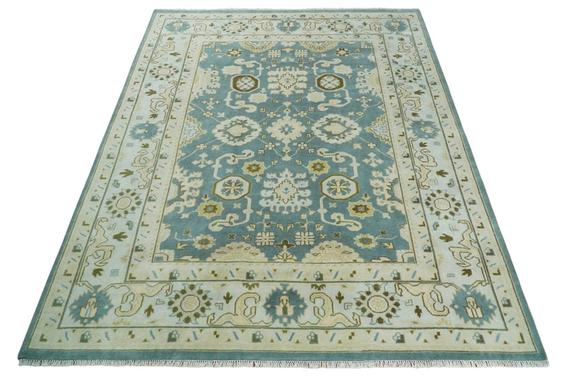 Handmade Persian Oushak 9x12 Blue and Ivory Hand Knotted Large Wool Area Rug | TRDCP263912 - The Rug Decor