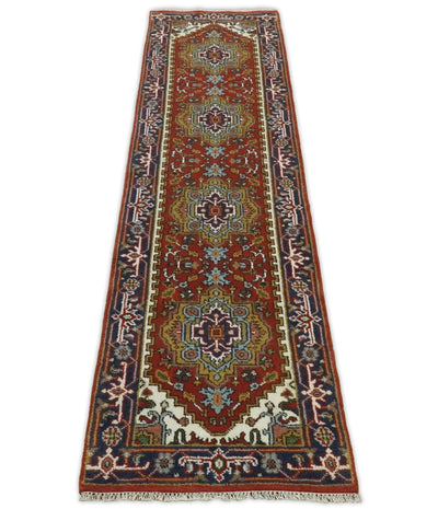 Handmade Rust and Blue Heriz Serapi 10 Feet Runner made with wool | TRDCP362610 - The Rug Decor