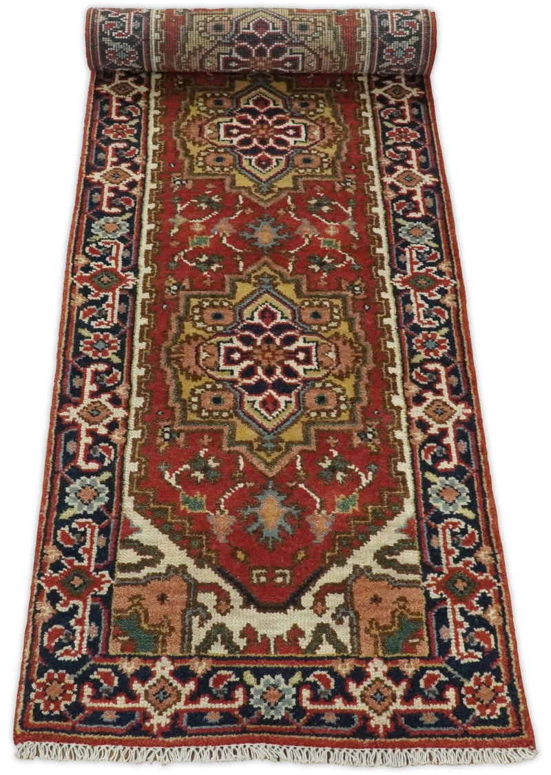 Handmade Rust and Blue Heriz Serapi 8 Feet Runner made with wool | TRDCP28278 - The Rug Decor