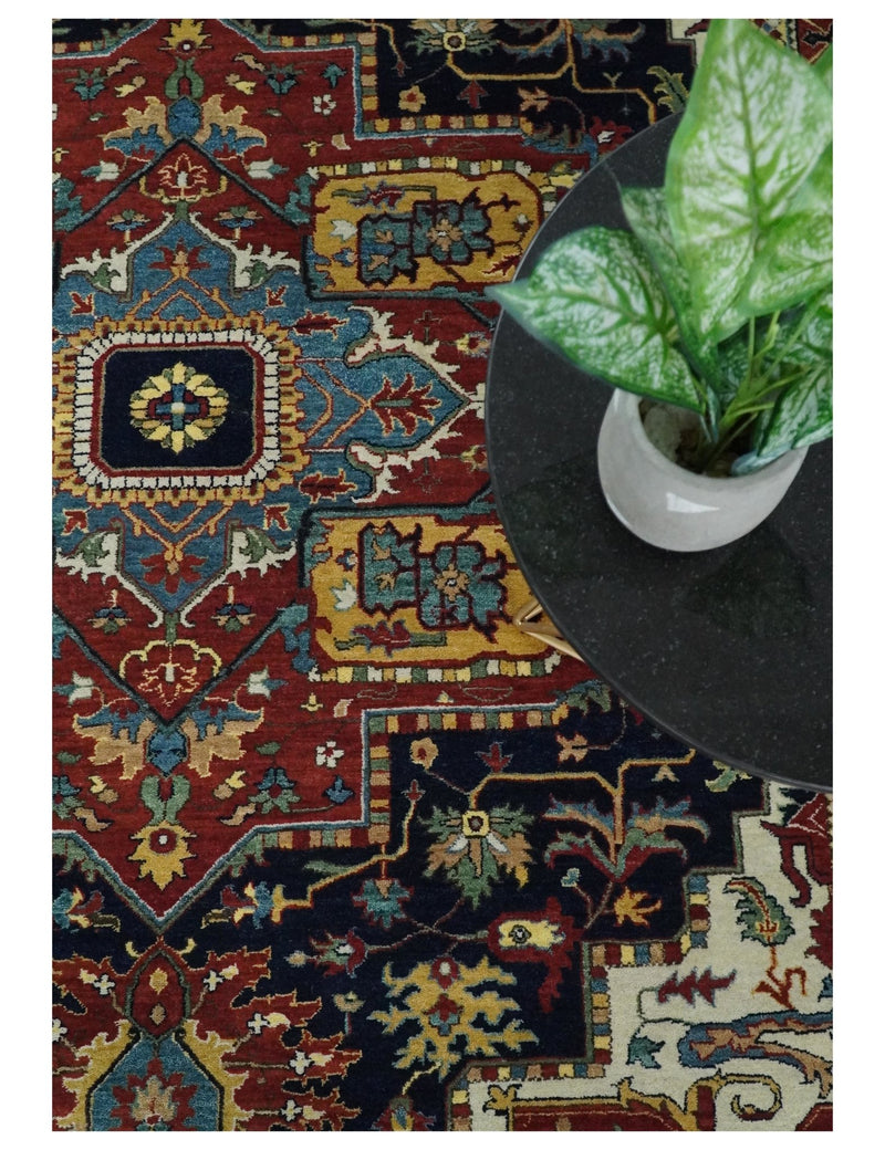Handmade Vintage 8x10 Blue and Red Traditional Heriz Serapi Rug | TRDCP473810 - The Rug Decor