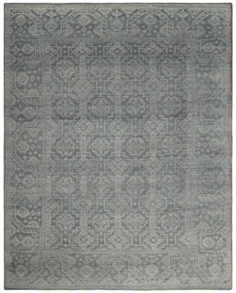 In Stock Antique Finish Hand knotted Silver and Charcoal 8x10 Wool Area Rug - The Rug Decor