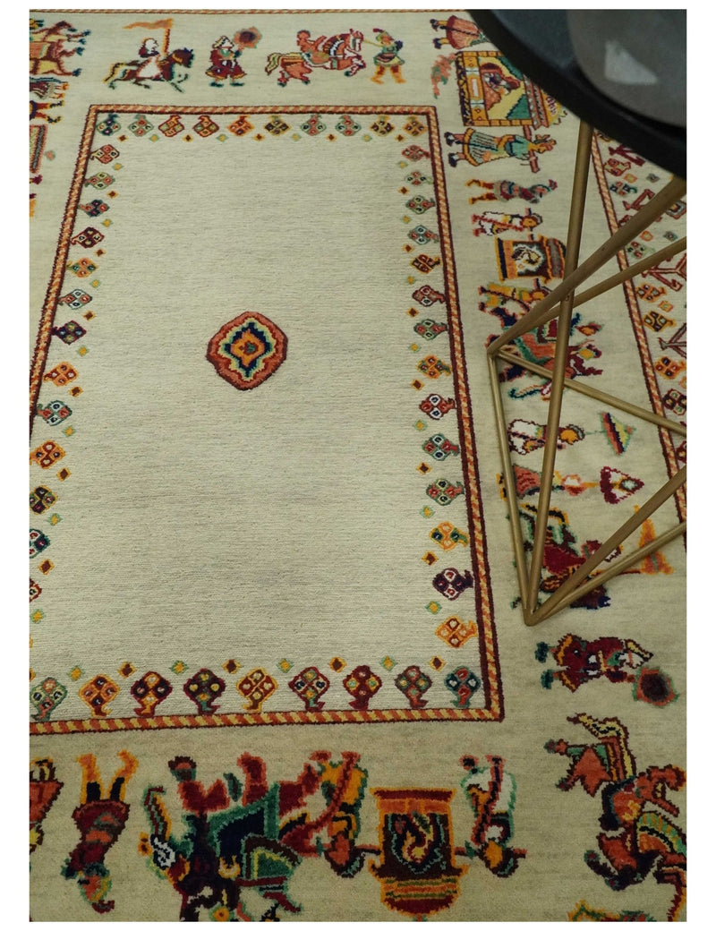Ivory and Beige Indian Wedding, Hand Spun Wool Hand Knotted Southwestern Gabbeh Rug | KNT42 - The Rug Decor