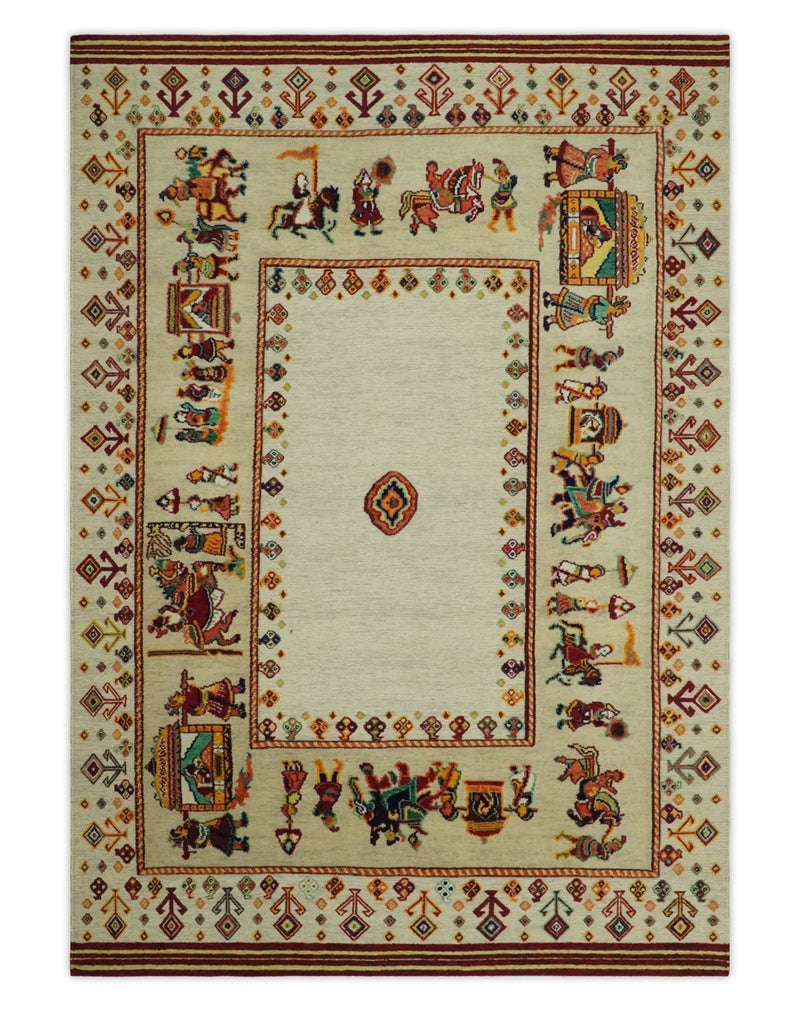 Ivory and Beige Indian Wedding, Hand Spun Wool Hand Knotted Southwestern Gabbeh Rug | KNT42 - The Rug Decor