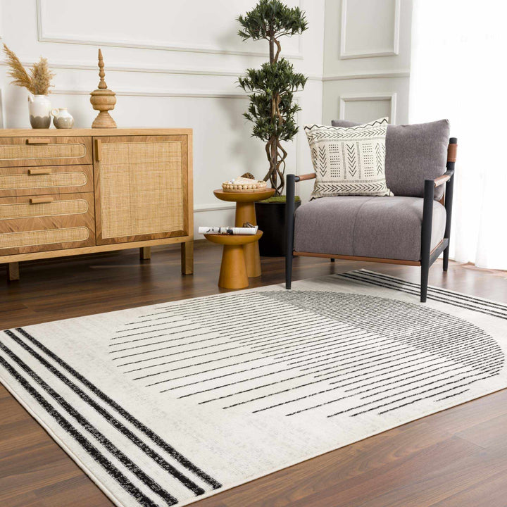 Ivory and Black Modern Geometrical Stripes Design Contemporary Multi Size Area Rug - The Rug Decor