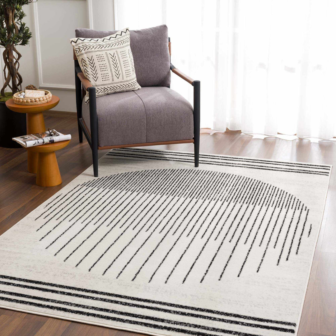 Ivory and Black Modern Geometrical Stripes Design Contemporary Multi Size Area Rug - The Rug Decor