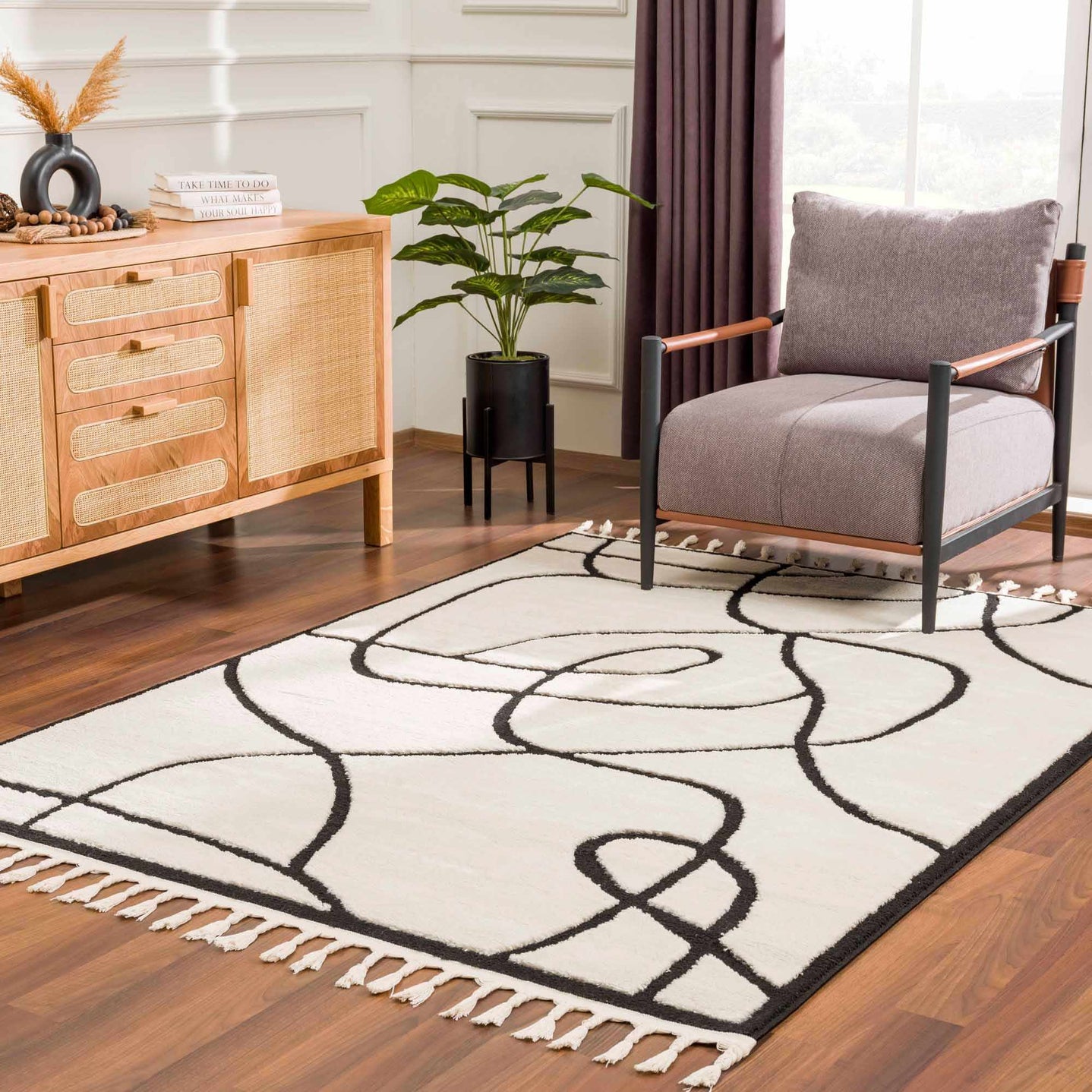 Ivory and Black Modern Lines Art Washable Area Rug - The Rug Decor