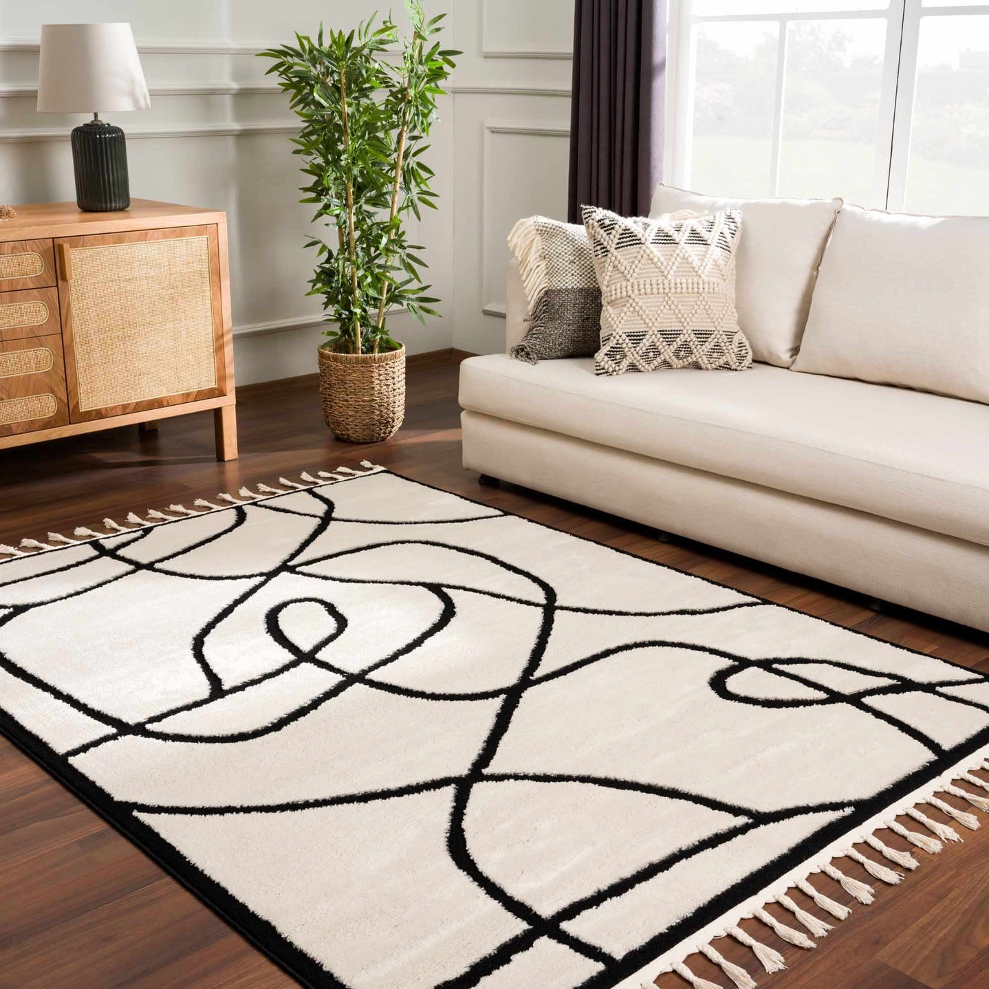 Ivory and Black Modern Lines Art Washable Area Rug - The Rug Decor