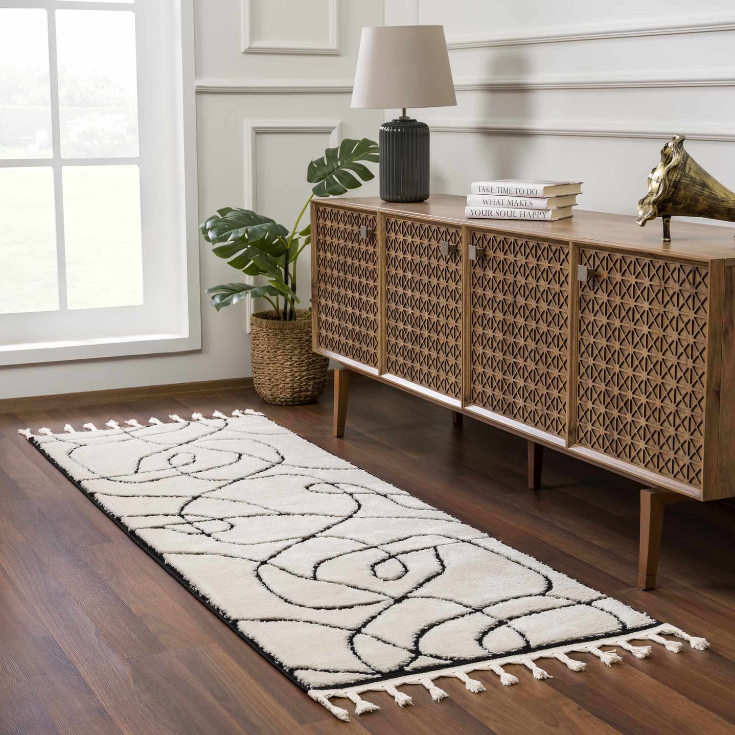 Ivory and Black Modern Lines Art Washable Area Rug - The Rug Decor