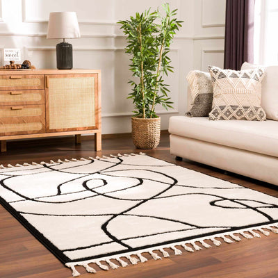 Ivory and Black Modern Lines Art Washable Area Rug - The Rug Decor