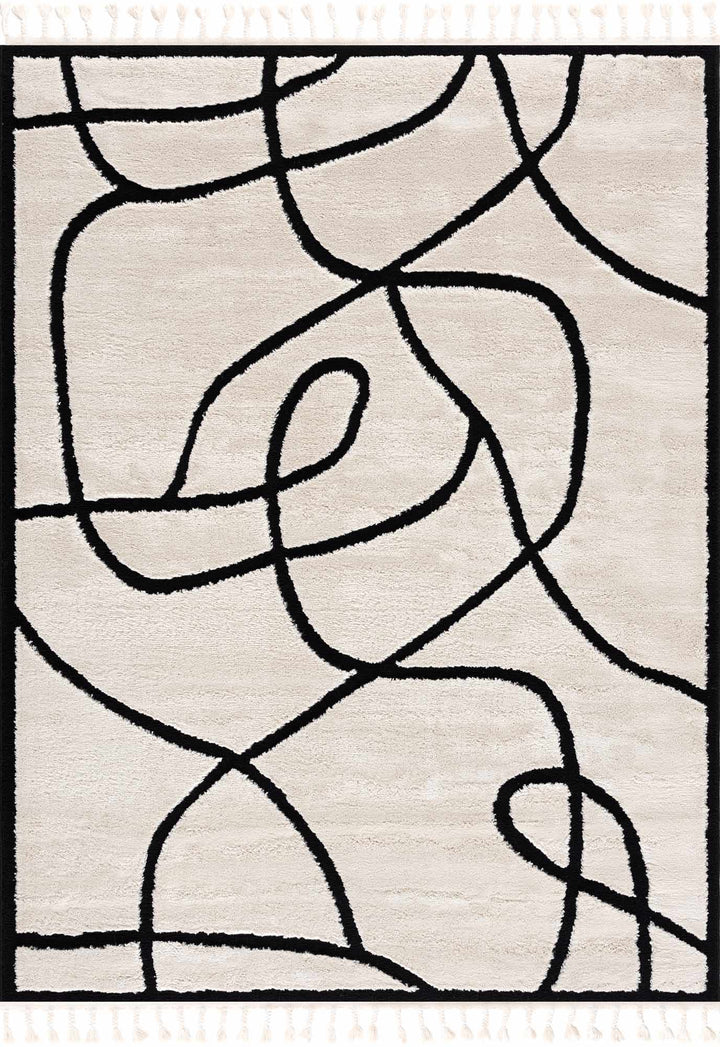 Ivory and Black Modern Lines Art Washable Area Rug - The Rug Decor