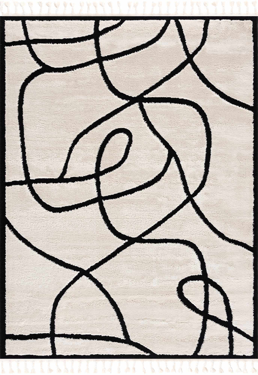 Ivory and Black Modern Lines Art Washable Area Rug - The Rug Decor