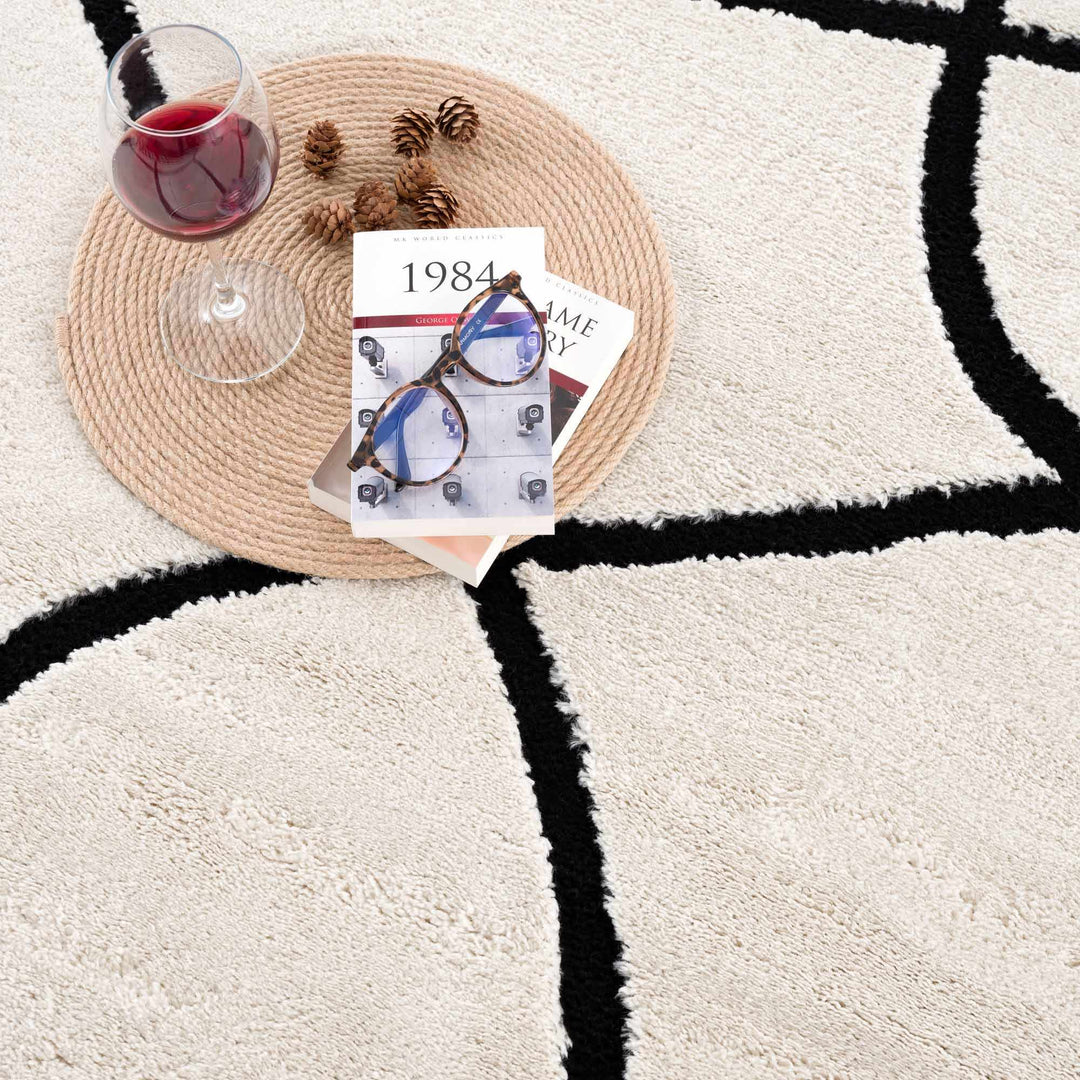 Ivory and Black Modern Lines Art Washable Area Rug - The Rug Decor