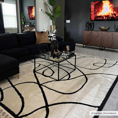 Ivory and Black Modern Lines Art Washable Area Rug - The Rug Decor