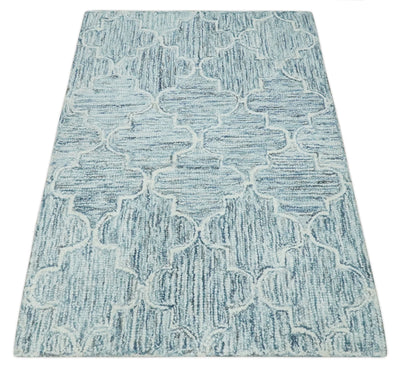 Ivory and Blue Modern Geometric Hand Tufted 2x3, 3x5, 5x8, 6x9, 8x10 and 9x12 Natural Wool Area Rug | UL52 - The Rug Decor