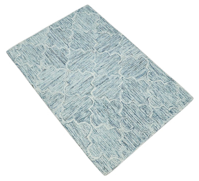 Ivory and Blue Modern Geometric Hand Tufted 2x3, 3x5, 5x8, 6x9, 8x10 and 9x12 Natural Wool Area Rug | UL52 - The Rug Decor